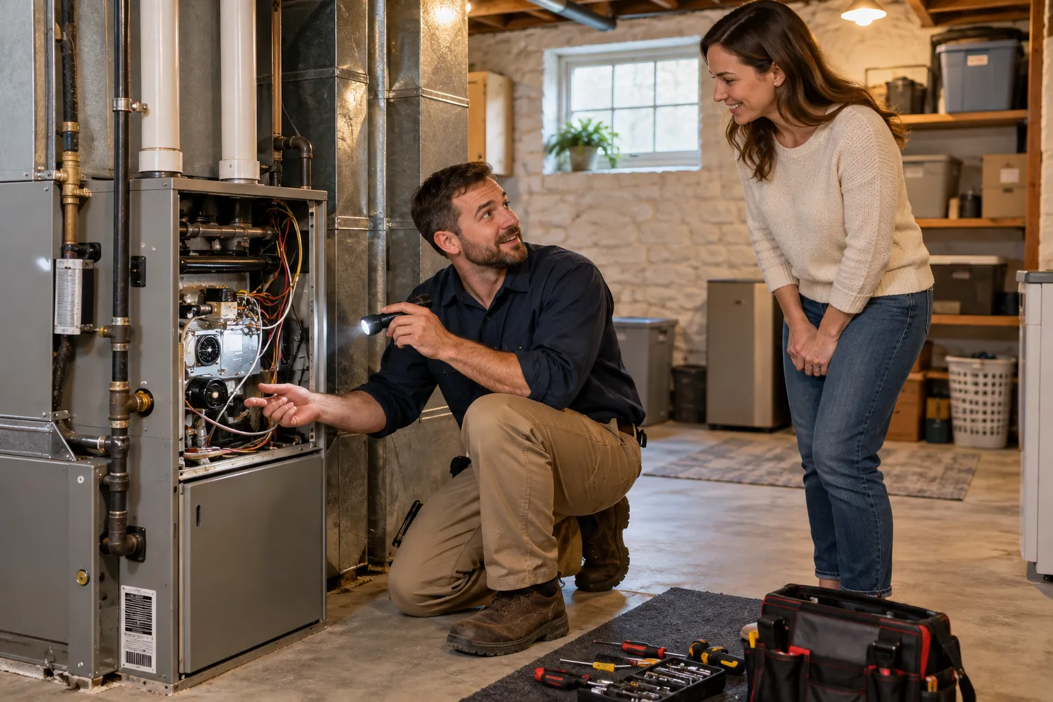 Friendly local HVAC provider checking a home furnace with a homeowner in the Mentor area