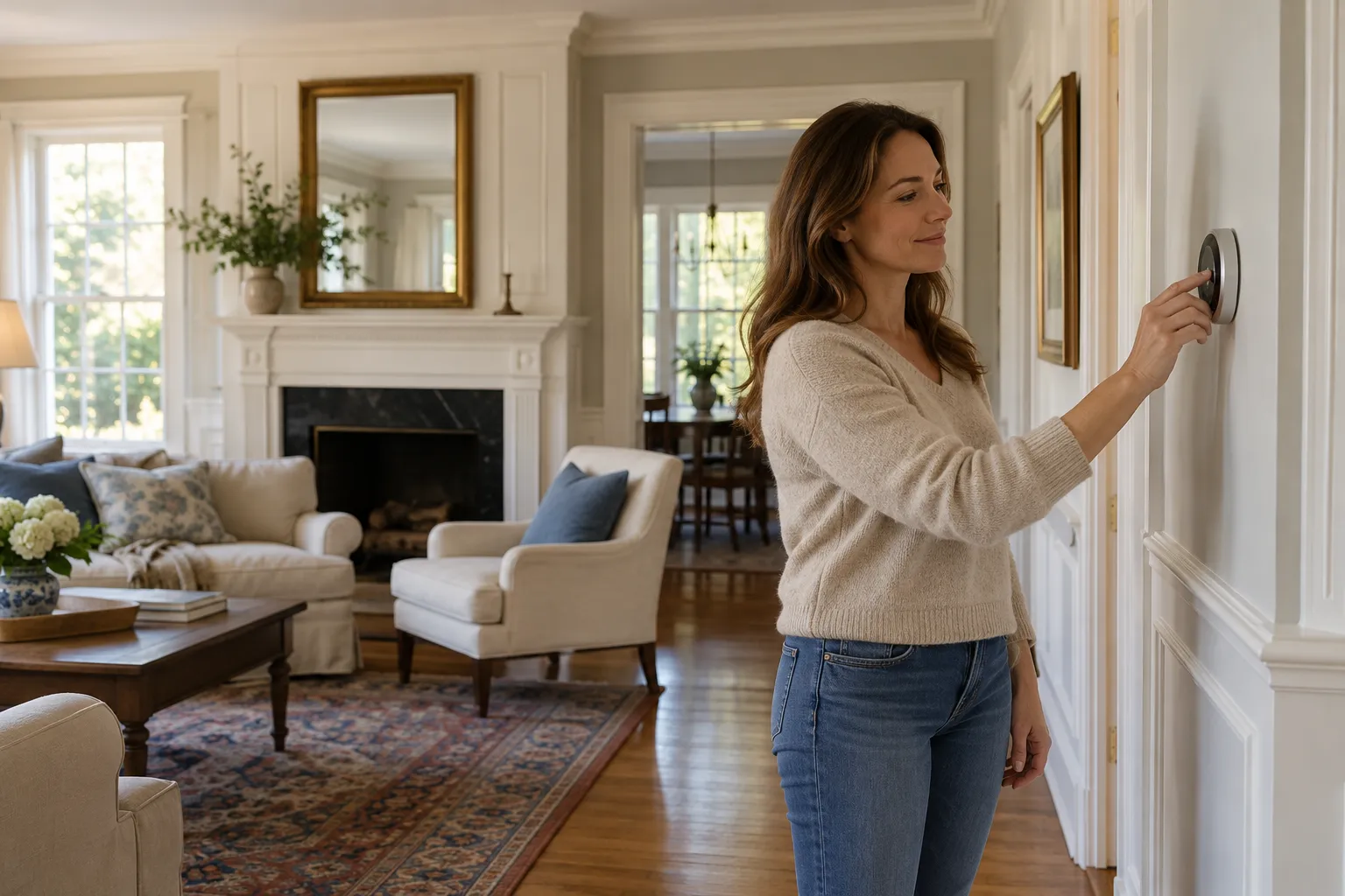A homeowner checking a thermostat in a bright living room in Mentor